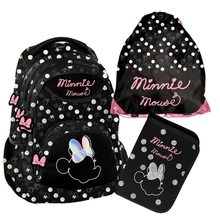 Paso Minnie Mouse Silver Dots iskolatáska-szett kihajtható tolltartóval, tornazsákkal